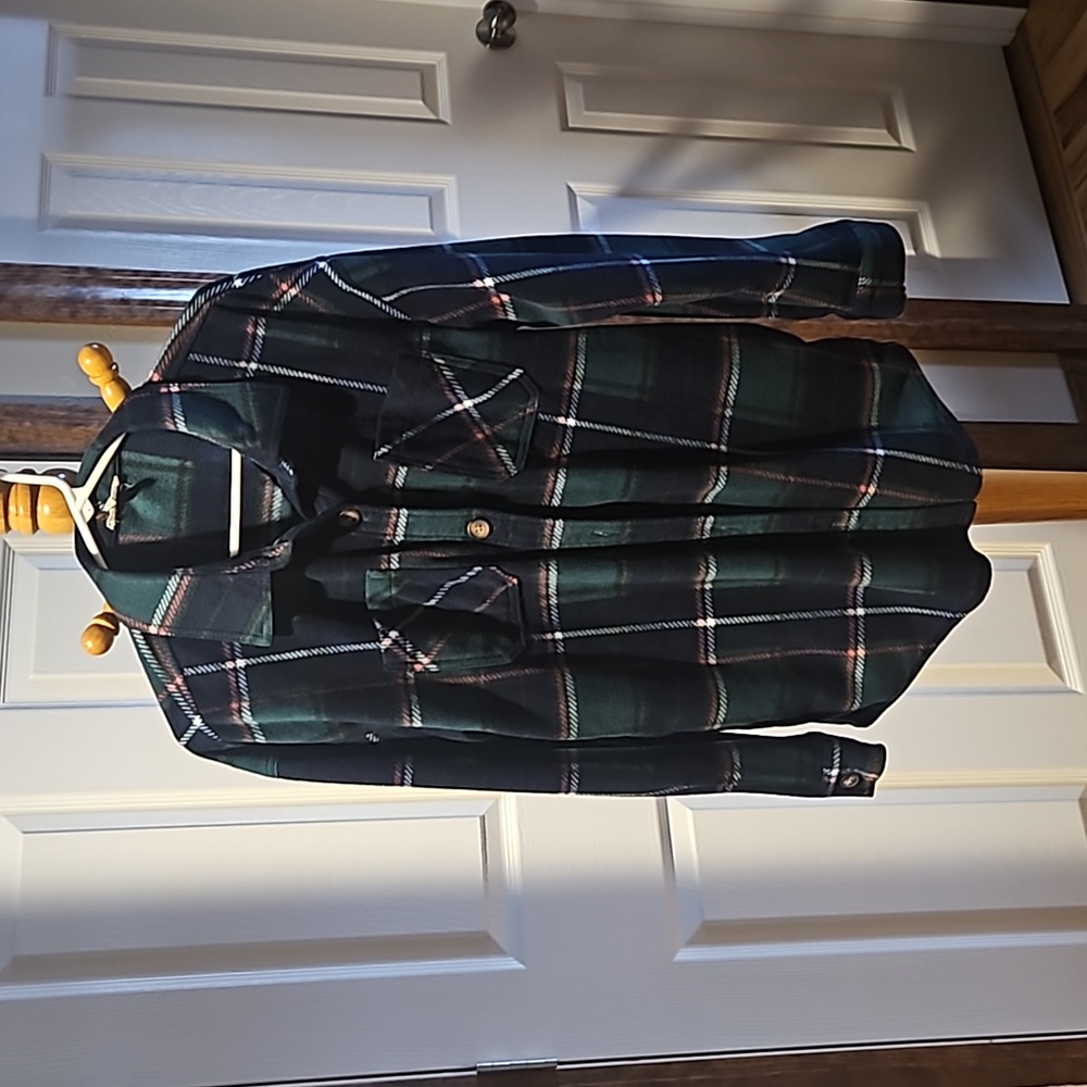 Long, soft, oversized plaid cover jacket with pockets